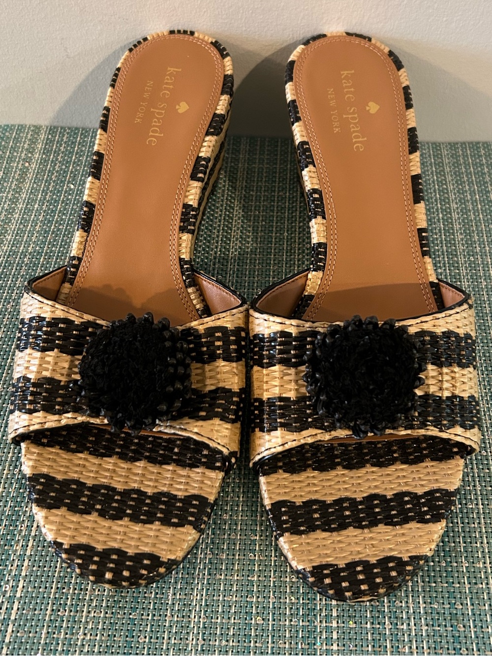 Kate Spade Seville Raffia Leather Stripe Wedge Mule Sandals - Size 10